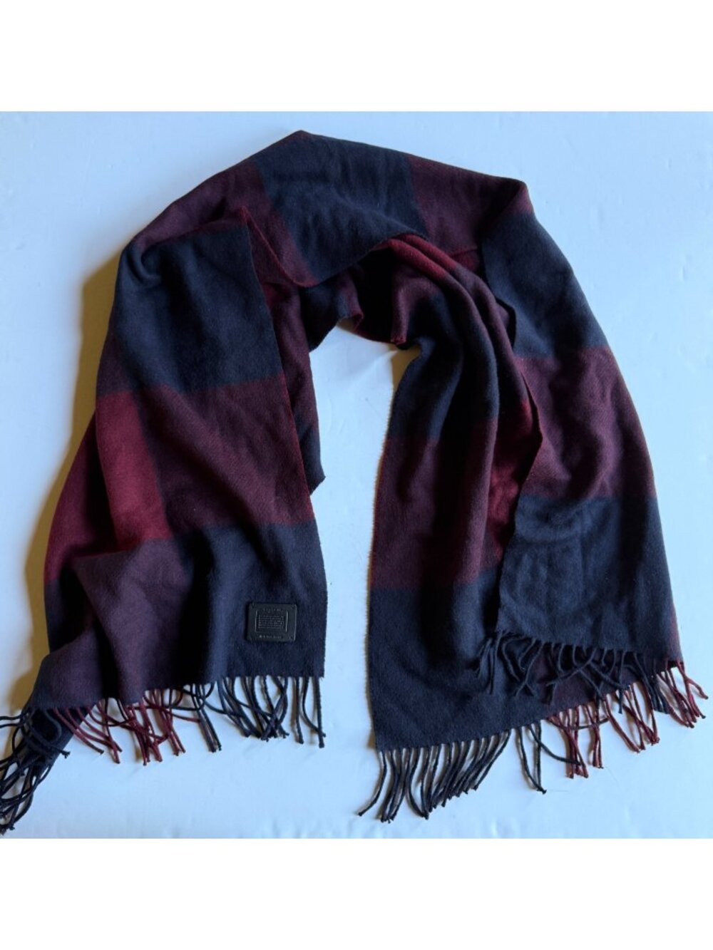 COACH Navy Burgundy Buffalo Plaid Wool Blend Oversized Winter Scarf